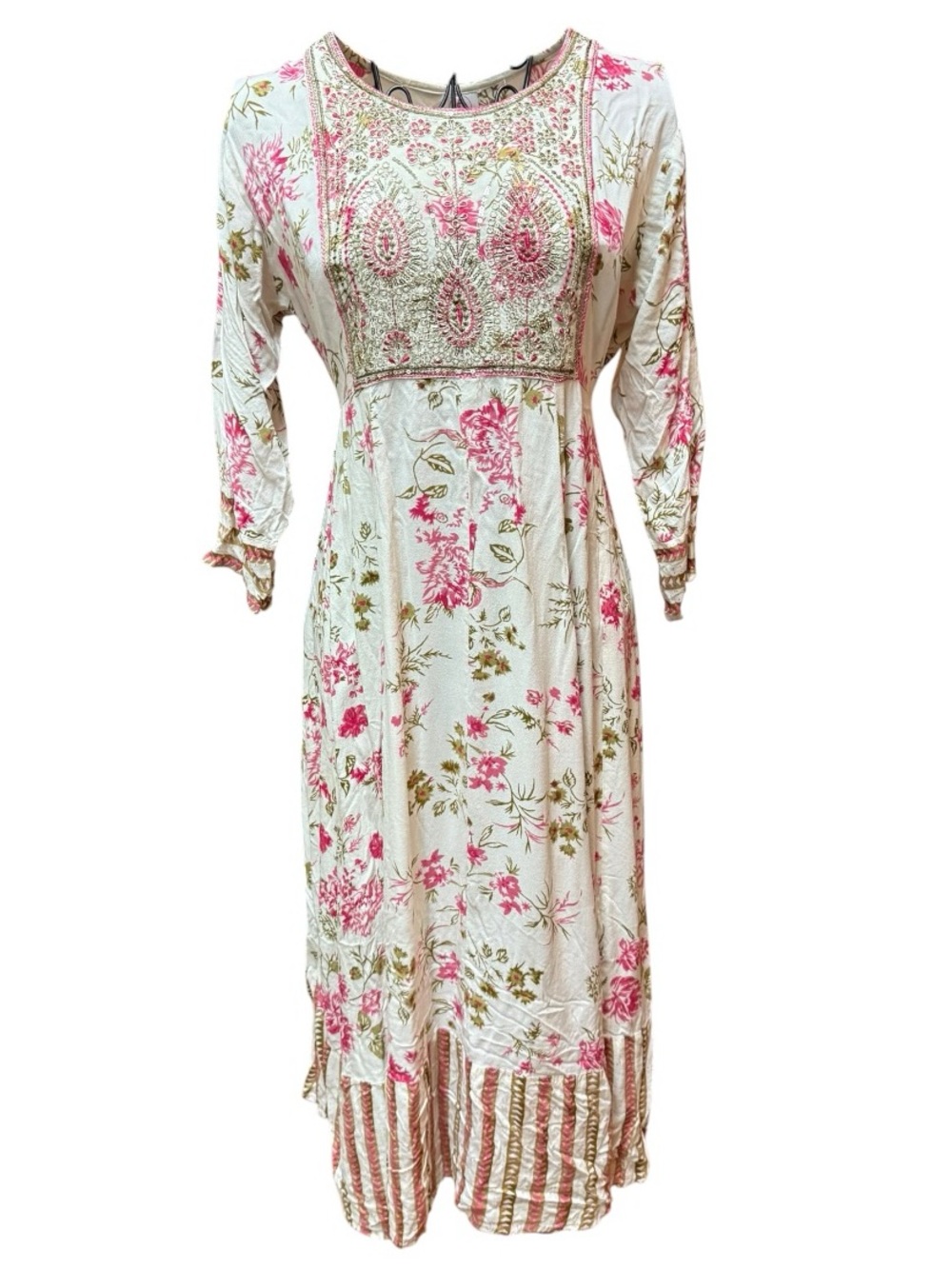 Pink City Floral Embroidered Glittery Sequin Boho Ivory and Pink Midi Dress